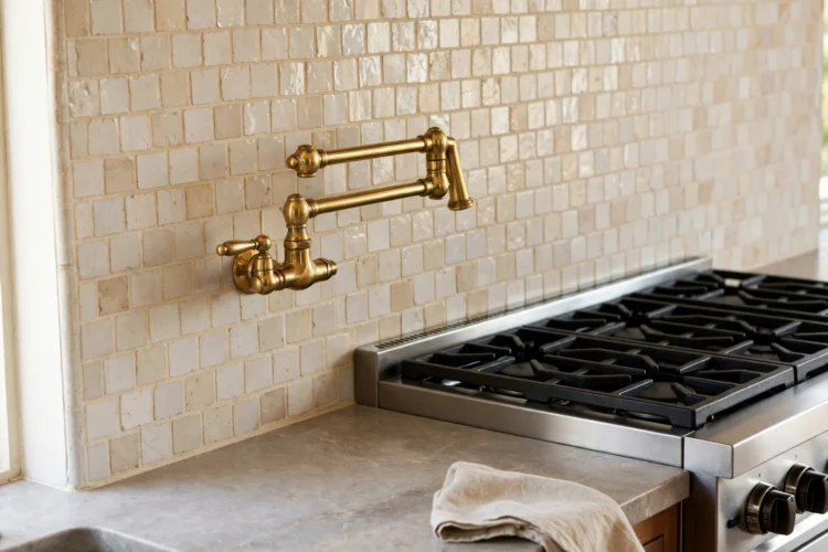 Brass pot filler faucet mounted on tile backsplash beside a gas range