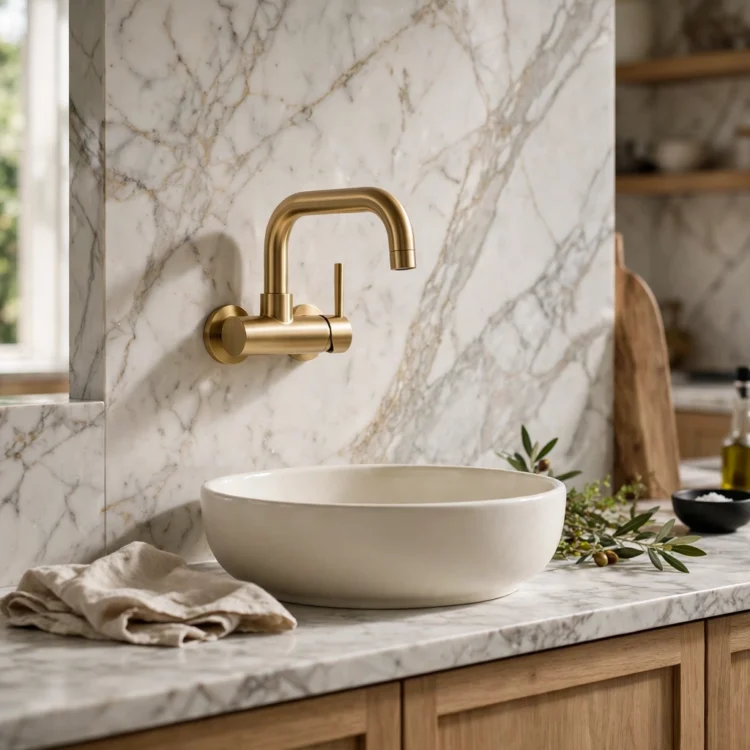 Brushed gold wall-mount faucet over a vessel style kitchen sink with marble wall
