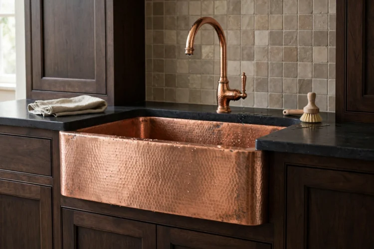 Copper faucet paired with hammered copper farmhouse sink and dark wood cabinets