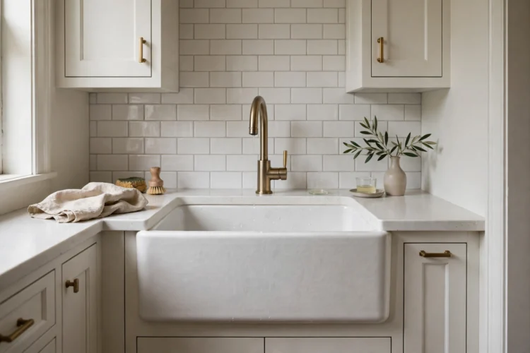 24-inch white fireclay apron front sink in a small galley kitchen with white cabinets