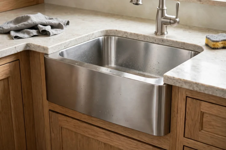 Stainless steel short apron sink fitted in a narrow 27-inch base cabinet