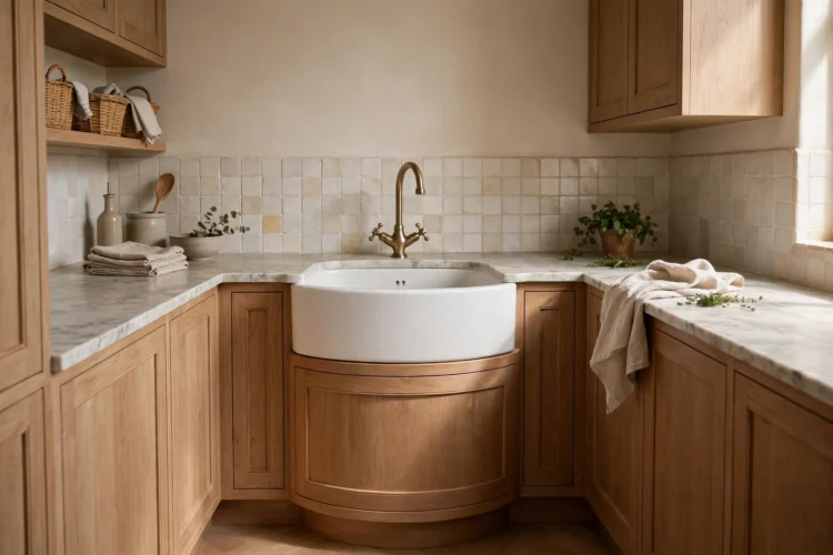 Corner apron front sink tucked into an L-shaped small kitchen with curved front