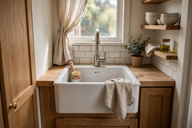 Bar-size apron front sink as the main sink in a tiny apartment kitchen