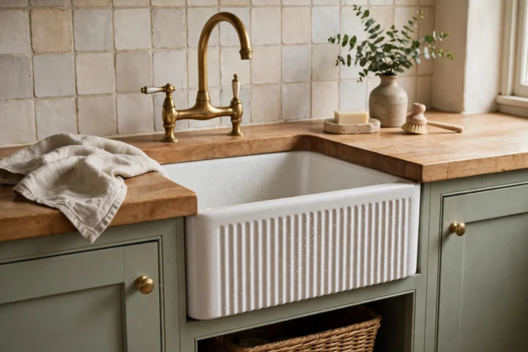 Compact fireclay sink with reversible fluted apron front in a cottage kitchen