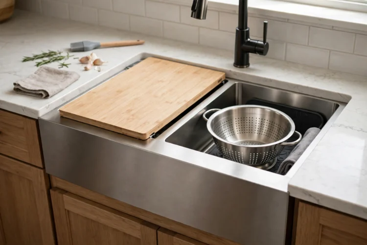 Workstation apron sink with sliding cutting board and colander accessories