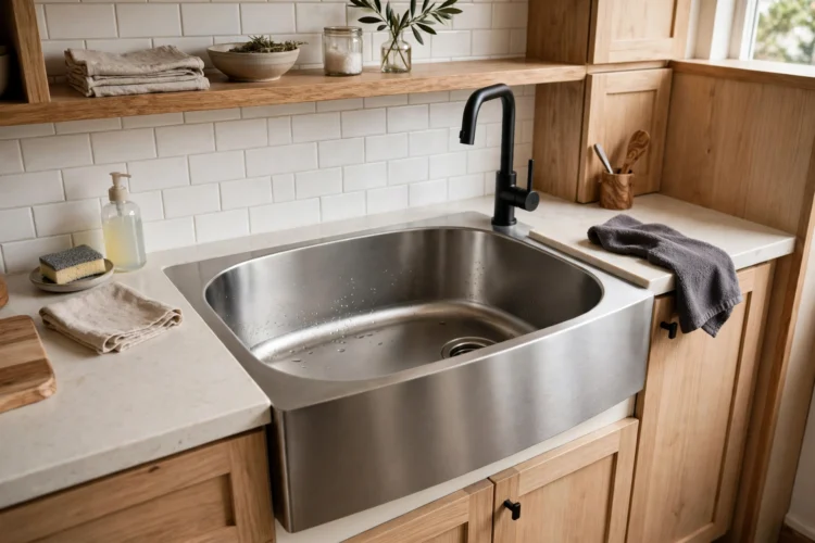 Thin-wall apron front sink maximizing bowl space in a compact kitchen