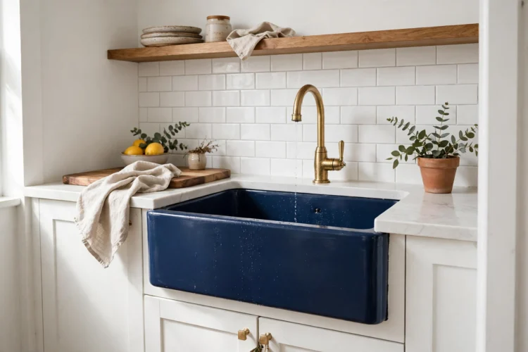 Navy blue apron front sink adding color to a small white kitchen