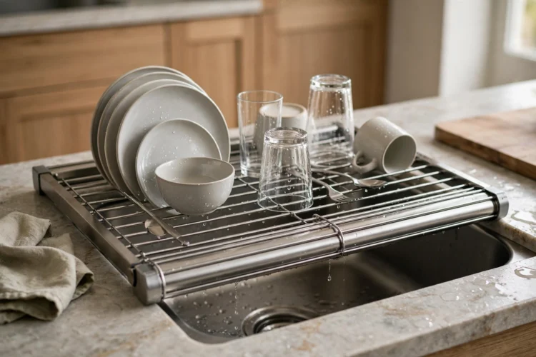 Roll-up stainless drying rack laid over a kitchen sink holding clean dishes