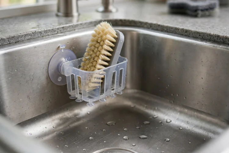 Suction-cup brush holder inside a stainless kitchen sink holding a scrub brush