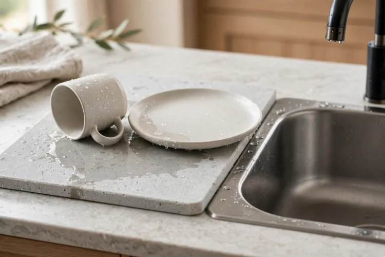 Stone drying mat beside a kitchen basin with a mug and plate drying on it