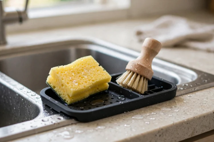 Compact sink caddy with drip tray holding sponge and dish brush at the sink edge