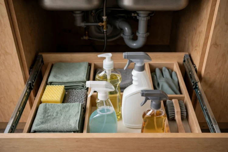 Under-sink pull-out drawer with cleaning bottles neatly arranged in a kitchen cabinet