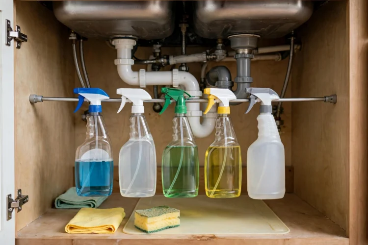 Tension rod installed under a kitchen sink holding spray bottles above the cabinet floor