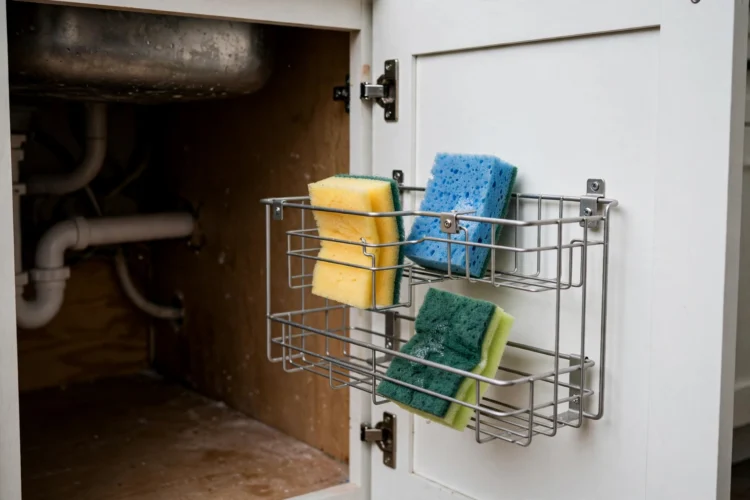 Cabinet door mounted wire caddy holding sponges inside a sink base cabinet door
