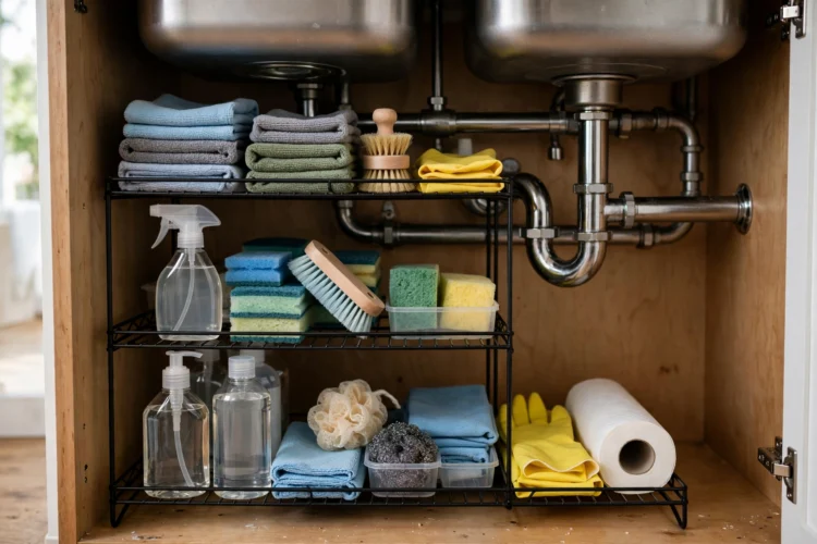 Stackable wire shelves under a kitchen sink organizing cleaning supplies in tiers
