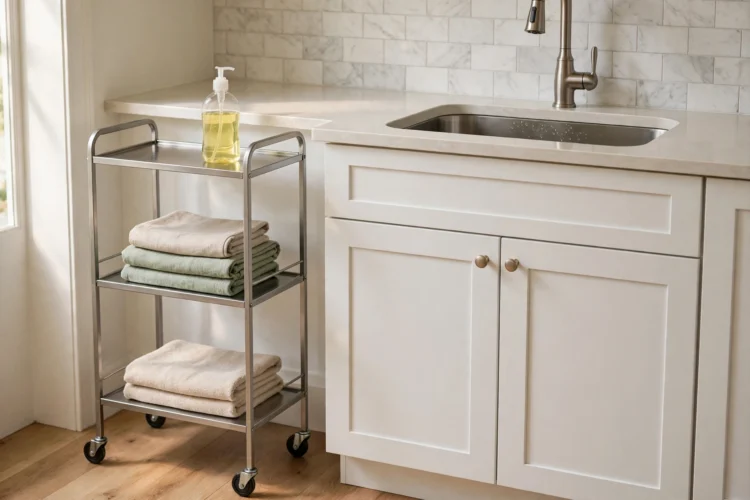 Slim rolling cart beside a sink base cabinet holding dish soap and towels