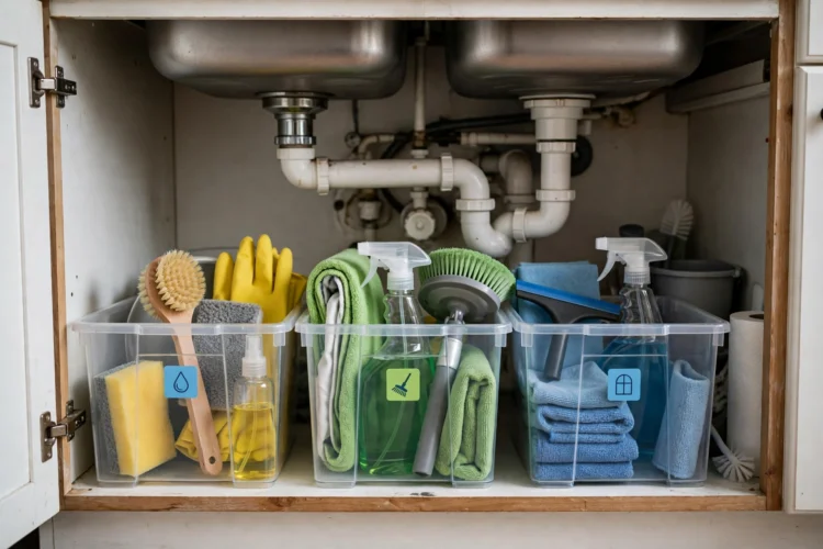Labeled clear bins under a kitchen sink separating cleaning supplies by task