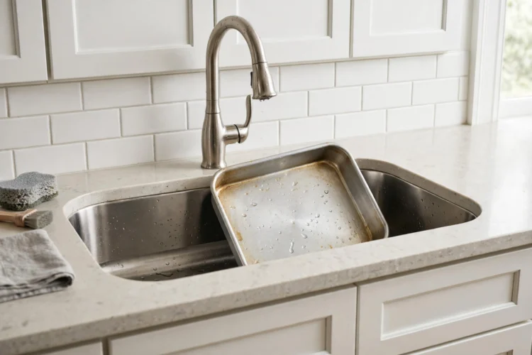 Photorealistic kitchen photo of a wide single-bowl stainless steel sink holding a half-sheet pan, white shaker cabinets