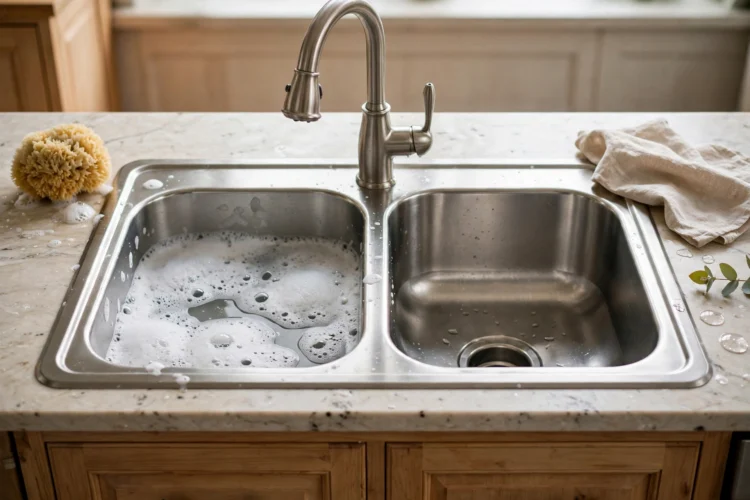 Photorealistic kitchen photo of a classic 50/50 double-basin stainless sink with soapy water on one side