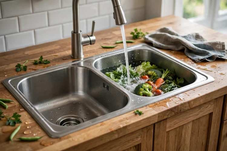 Photorealistic kitchen photo of a 60/40 split double bowl sink with vegetables rinsing in the smaller basin