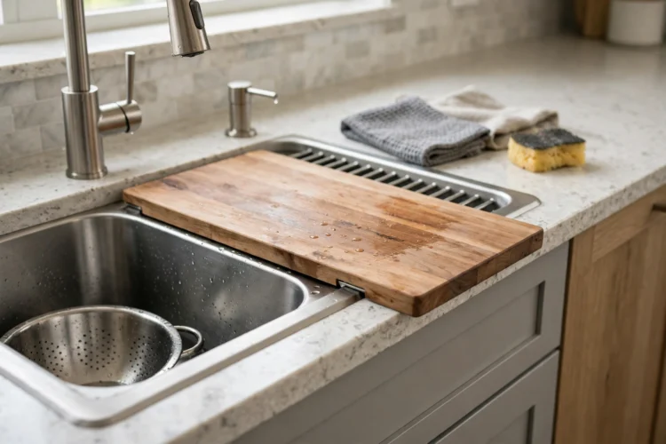 Photorealistic kitchen photo of a workstation single-bowl sink with a wooden cutting board sliding on the rim ledge