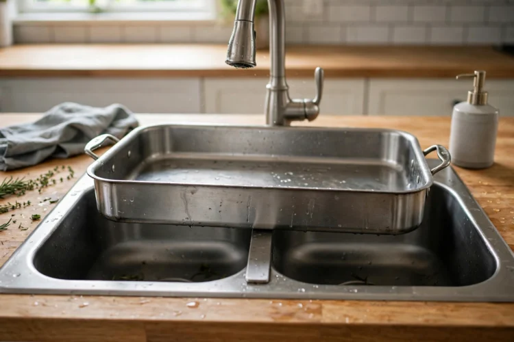 Photorealistic kitchen photo of a double-bowl sink with a low center divider and a roasting pan resting across it