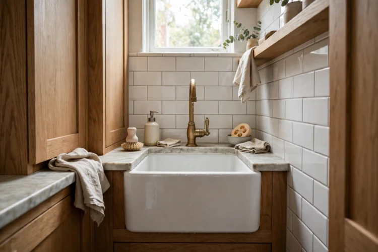 Photorealistic kitchen photo of a compact single-bowl apron-front sink in a narrow galley kitchen