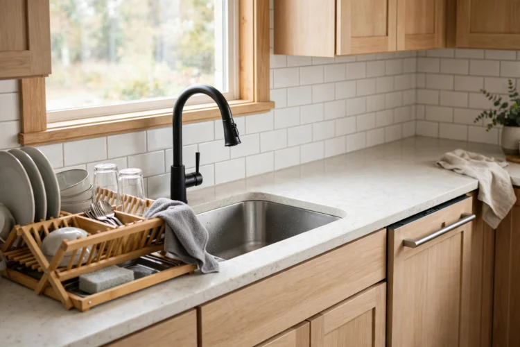 Photorealistic kitchen photo of a bright kitchen sink area with a dish rack and a dishwasher beside the basin
