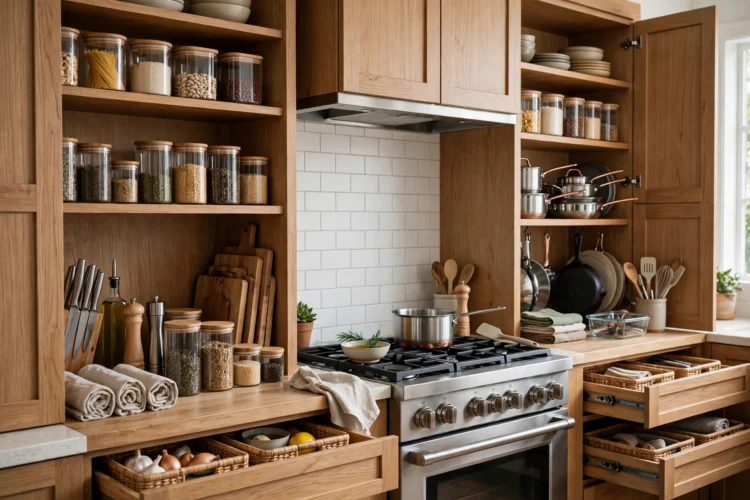 Photorealistic kitchen photo of organized cabinets grouped by cooking zones near the stove