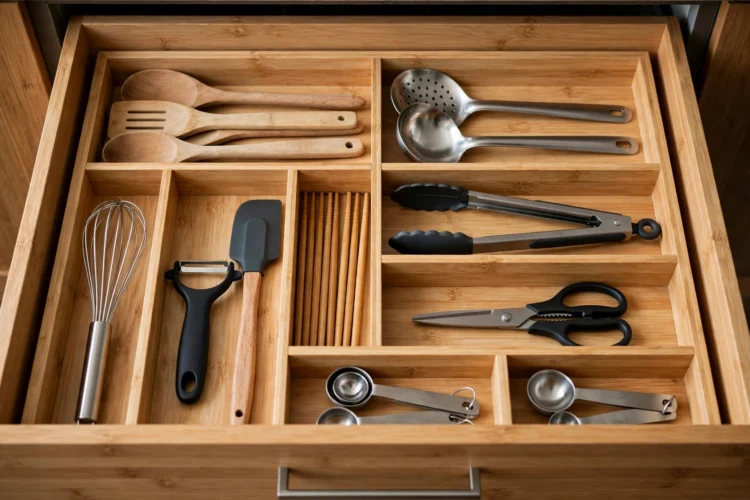 Photorealistic kitchen photo of a kitchen drawer with bamboo dividers organizing cooking utensils