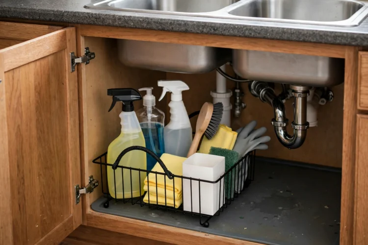 Photorealistic kitchen photo of an under-sink cabinet with a handled caddy of cleaning supplies