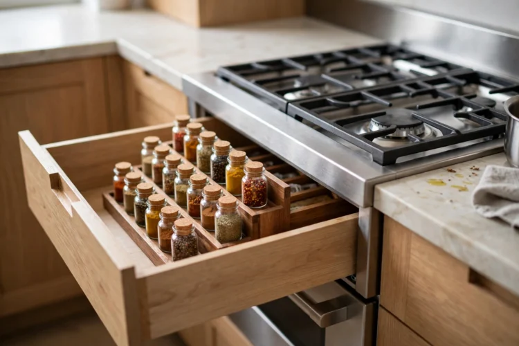 Photorealistic kitchen photo of a shallow drawer with a tiered spice insert beside the range