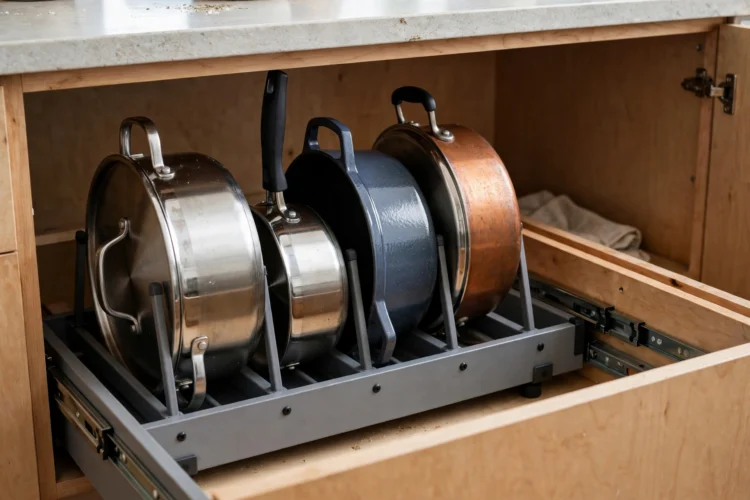 Photorealistic kitchen photo of a deep lower cabinet with an adjustable organizer filing pots upright