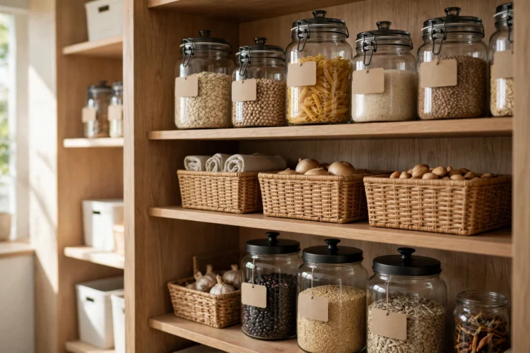 Photorealistic kitchen photo of labeled glass canisters and bins on organized pantry shelves