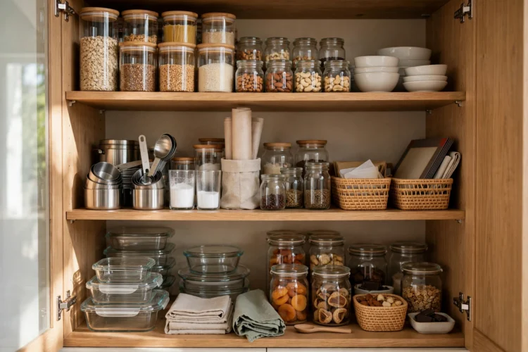 Photorealistic kitchen photo of a tidy organized kitchen cabinet with everything in labeled zones