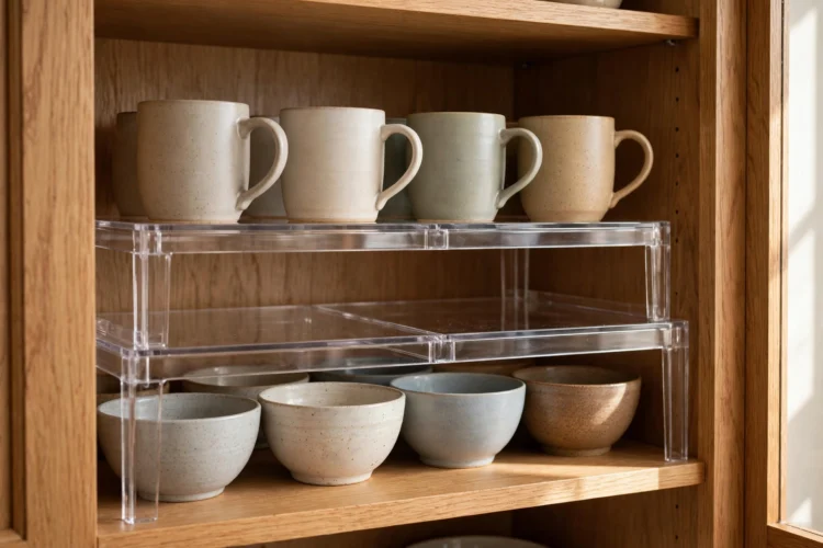Photorealistic kitchen photo of a cabinet interior with stackable shelf risers holding mugs above bowls