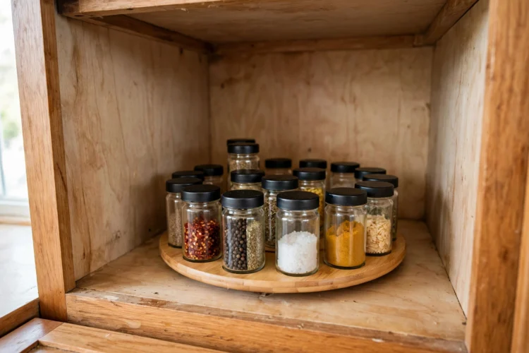 Photorealistic kitchen photo of a turntable organizer with spice jars inside a deep kitchen cabinet