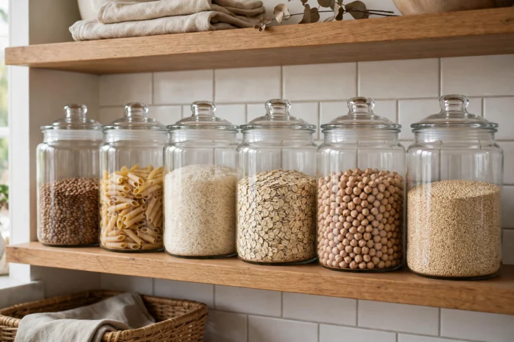 Photorealistic kitchen photo of clear matching canisters with dry goods lined up on a pantry shelf