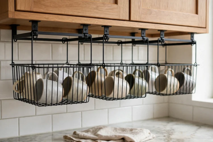 Photorealistic kitchen photo of under-shelf hanging baskets holding mugs beneath a cabinet shelf