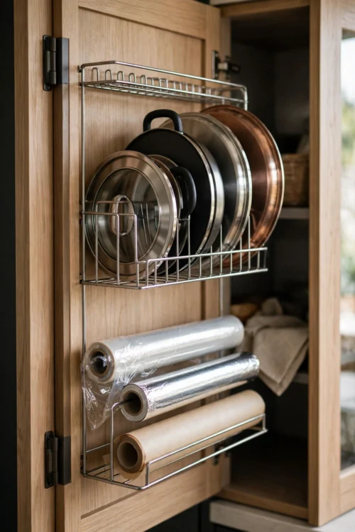 Photorealistic kitchen photo of the inside of a cabinet door fitted with slim racks for lids and wraps