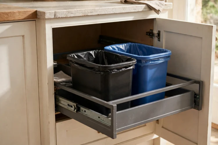 Photorealistic kitchen photo of a pull-out trash and recycling bin unit sliding from a base cabinet