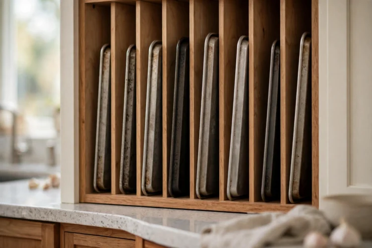 Photorealistic kitchen photo of vertical dividers filing baking sheets upright inside a narrow cabinet