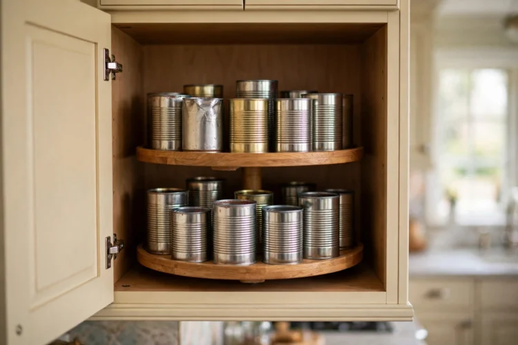 Photorealistic kitchen photo of a lazy susan insert with canned goods inside a deep upper cabinet