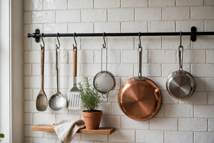 Photorealistic kitchen photo of a small kitchen wall with a rail holding utensils and hanging pans