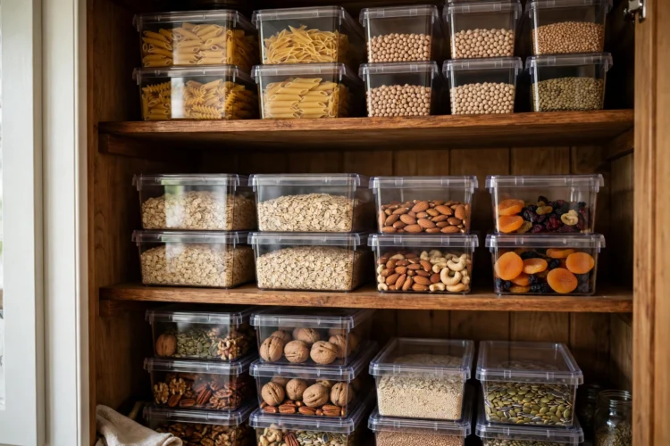 Photorealistic kitchen photo of stackable clear bins organizing goods inside a deep pantry shelf