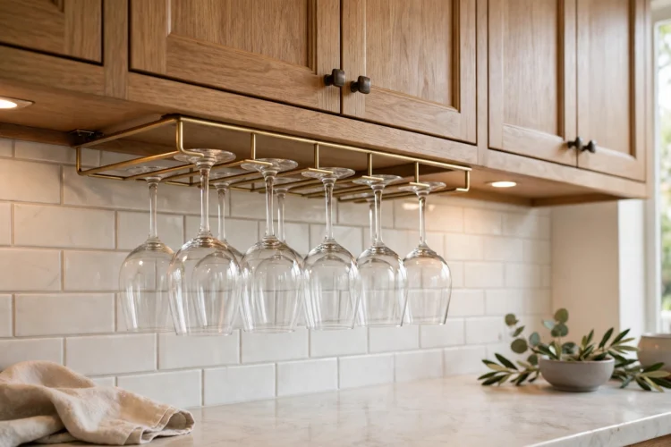 Photorealistic kitchen photo of wine glasses hanging from a stemware rack under upper cabinets