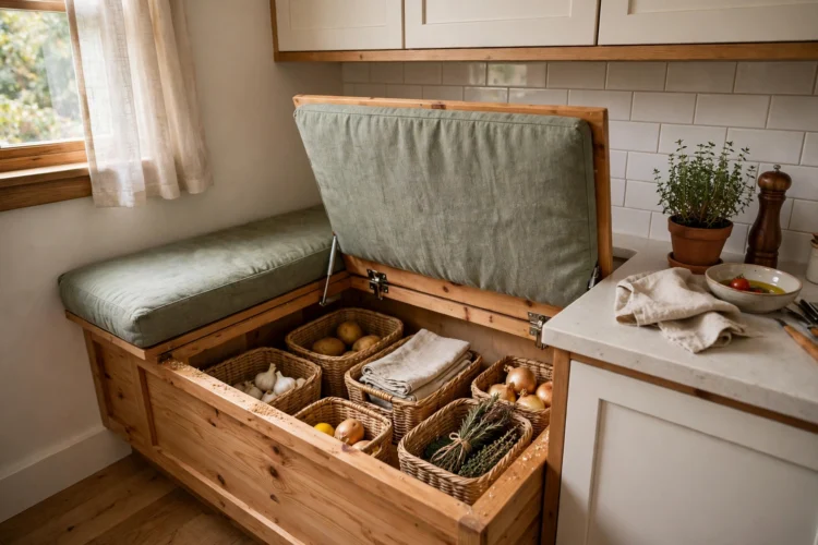 Photorealistic kitchen photo of a banquette bench with open storage inside in a small eat-in kitchen