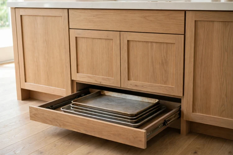 Photorealistic kitchen photo of a toe-kick drawer pulled open under base cabinets holding sheet pans