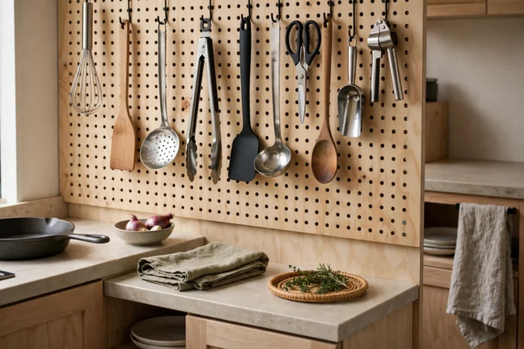 Photorealistic kitchen photo of a pegboard wall with hanging cooking utensils in a compact kitchen