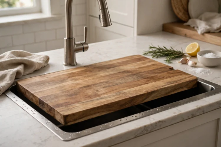 Photorealistic kitchen photo of an over-the-sink wooden cutting board covering a deep single basin